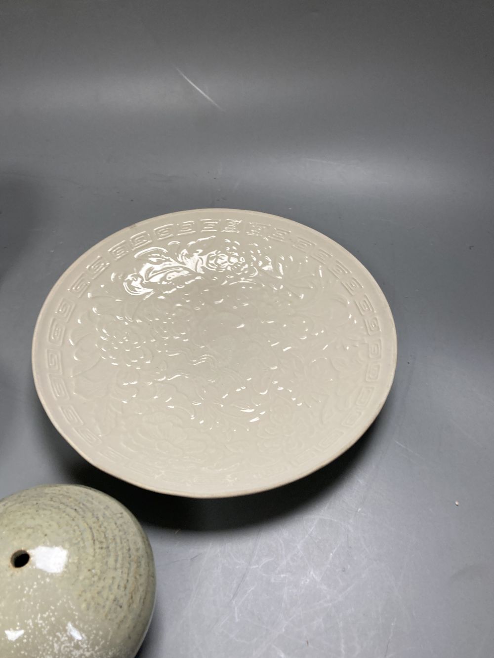 A Chinese Ding type dish, 21.5cm a similar lobed jarlet, possibly Yuan, a Qingbai style dish and another jar,